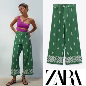 Zara Embroidered Linen Blend Green Pants in size S